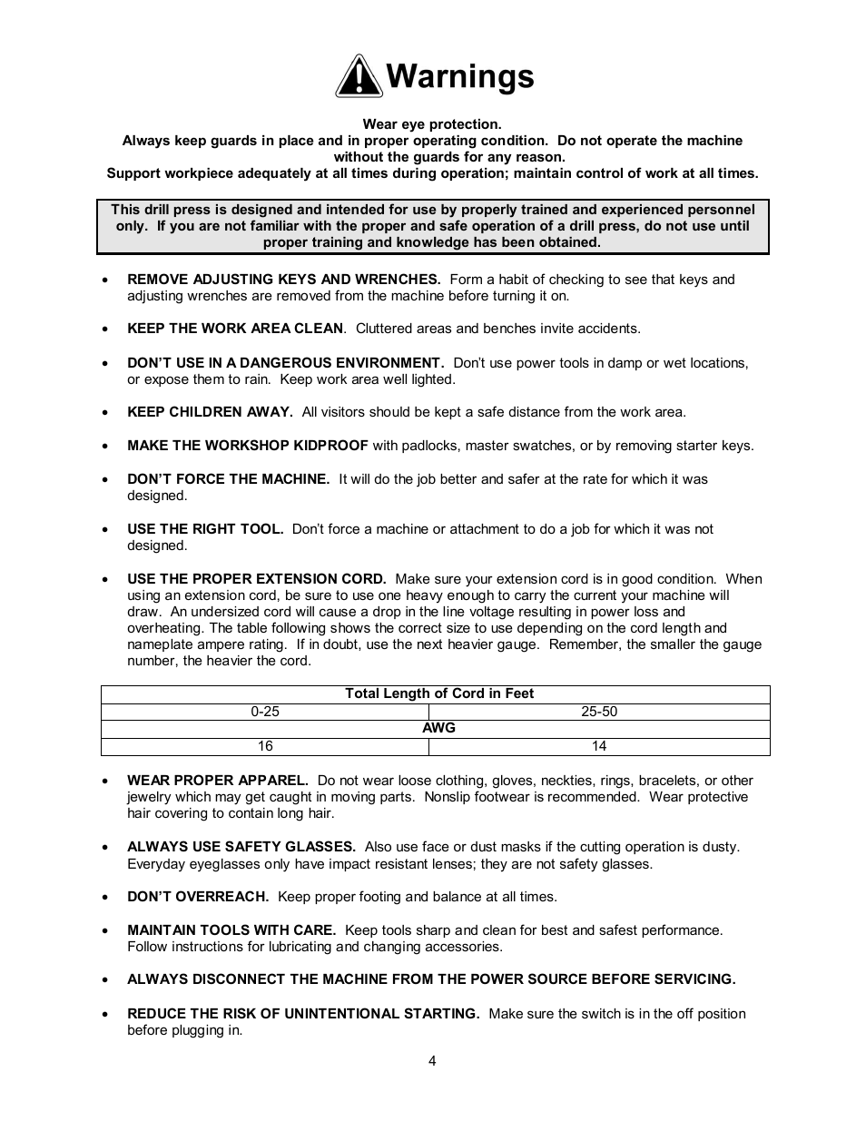 Warnings | Jet Tools JDP-17MF User Manual | Page 4 / 24