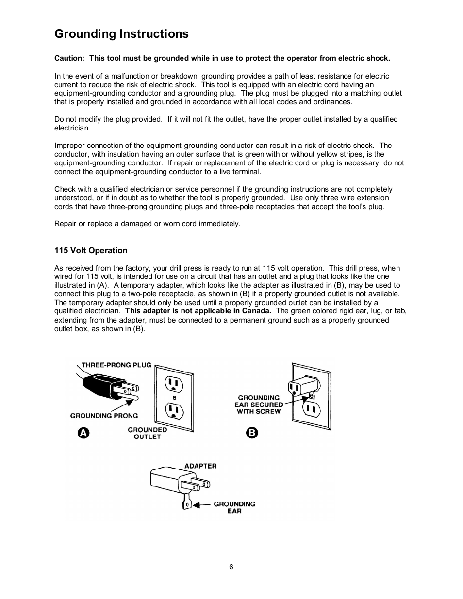 Grounding instructions | Jet Tools JDP-17MF User Manual | Page 6 / 24