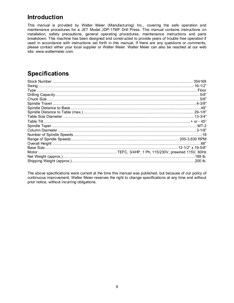 Specifications, Introduction | Jet Tools JDP-17MF User Manual | Page 9 / 24