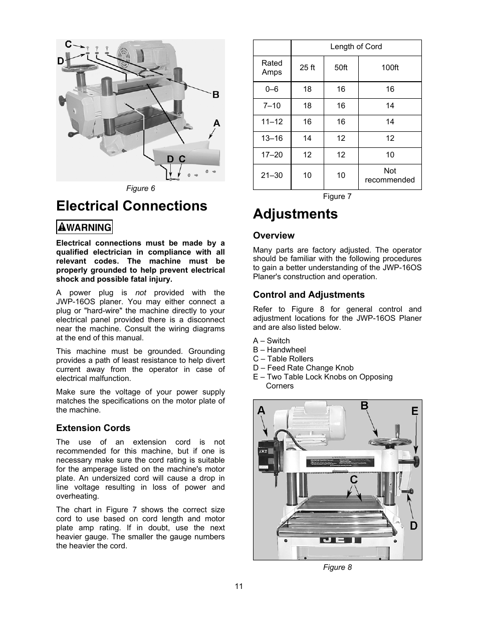 Electrical connections, Extension cords, Adjustments | Overview, Control and adjustments | Jet Tools JWP-16OS User Manual | Page 11 / 36