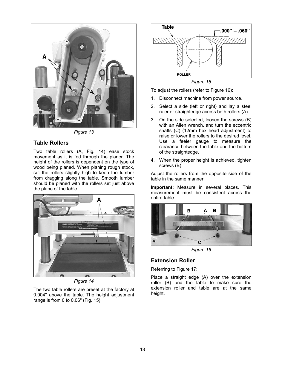 Table rollers, Extension roller | Jet Tools JWP-16OS User Manual | Page 13 / 36