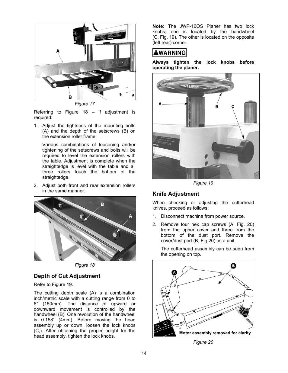 Depth of cut adjustment, Knife adjustment | Jet Tools JWP-16OS User Manual | Page 14 / 36