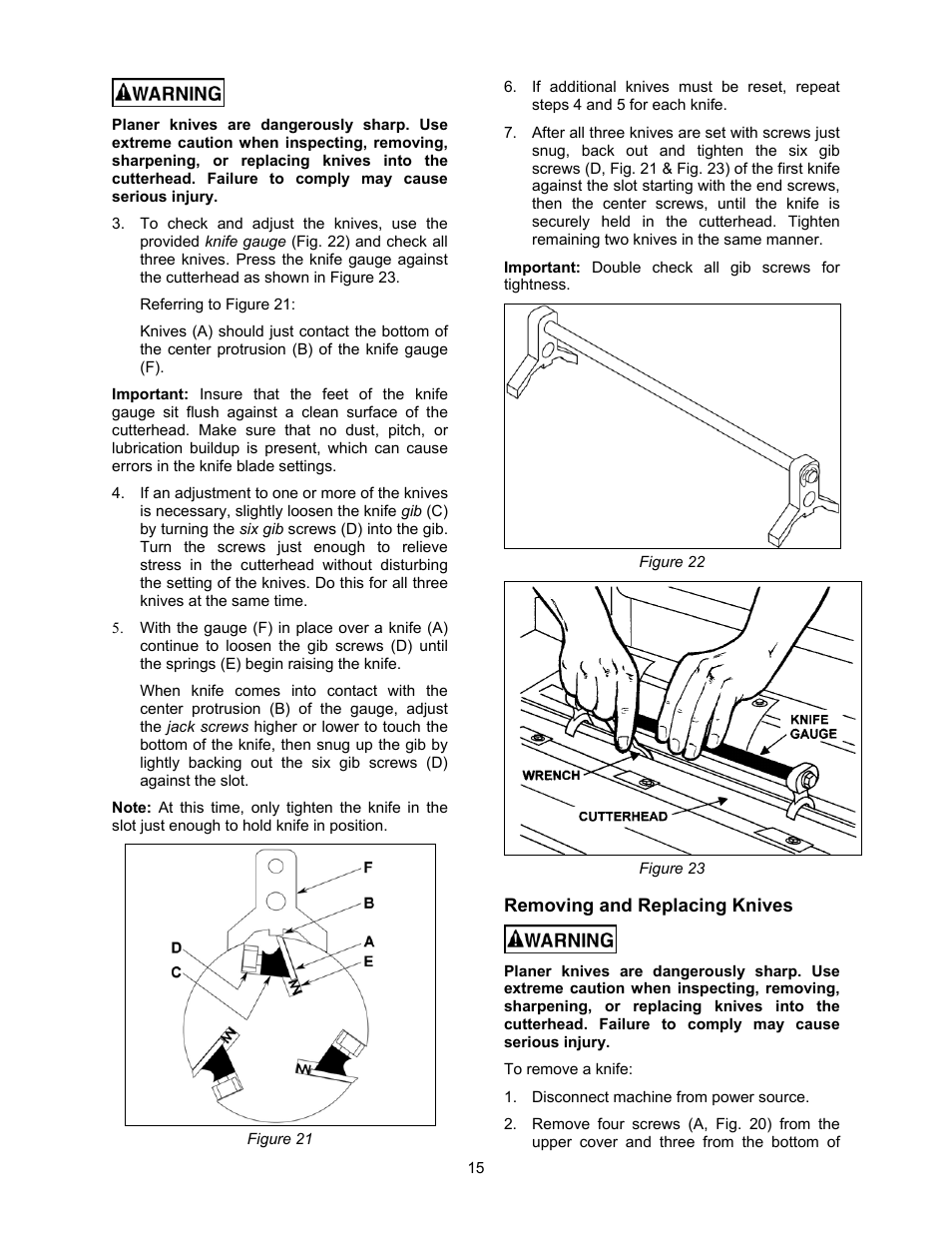 Removing and replacing knives | Jet Tools JWP-16OS User Manual | Page 15 / 36