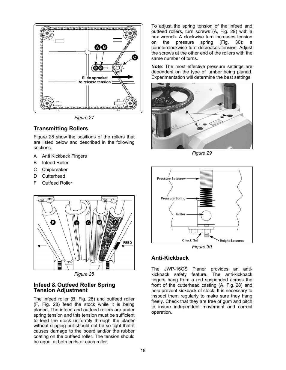 Infeed & outfeed roller spring tension adjustment, Anti-kickback | Jet Tools JWP-16OS User Manual | Page 18 / 36