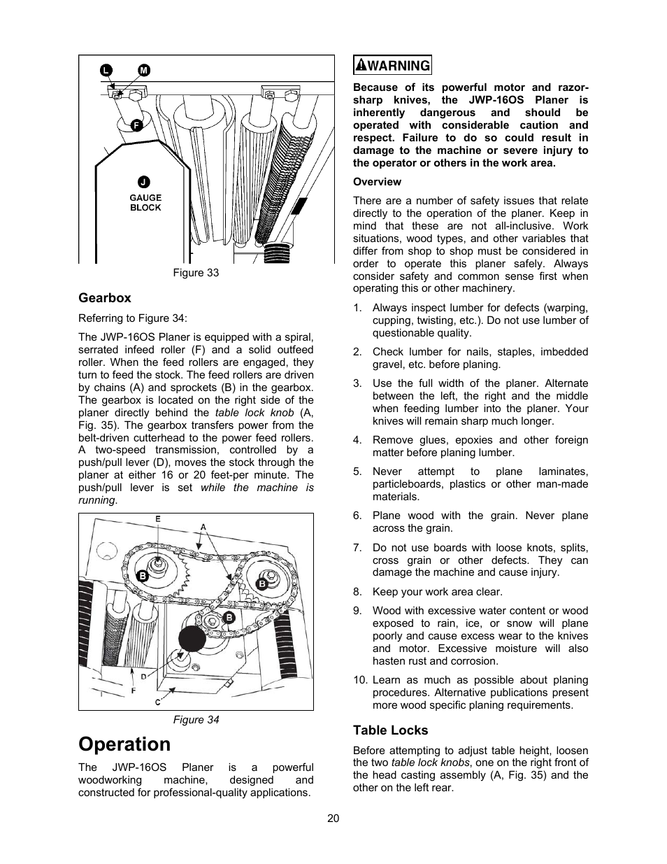 Gearbox, Operation, Overview | Table locks | Jet Tools JWP-16OS User Manual | Page 20 / 36
