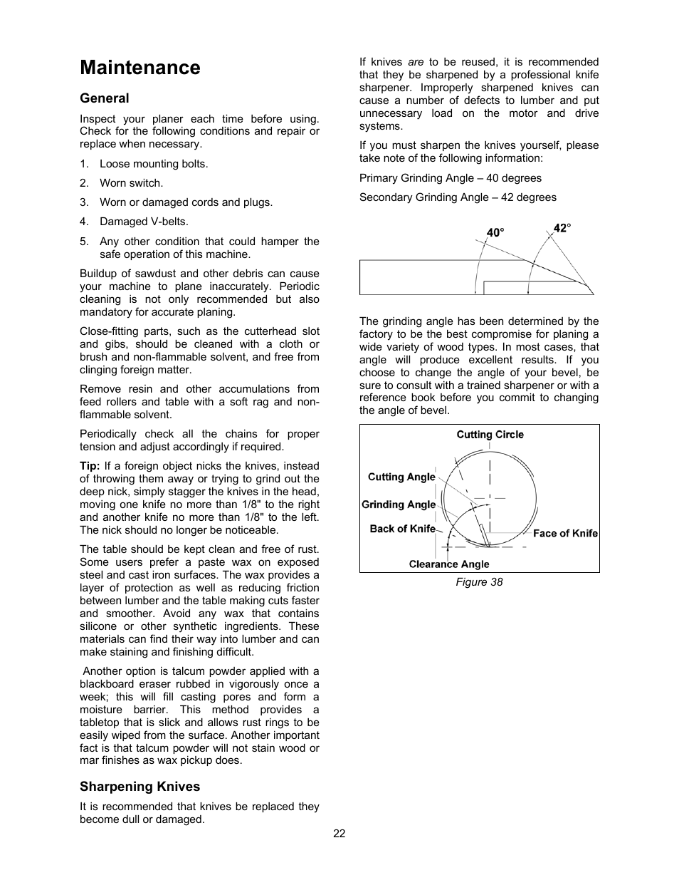 Maintenance, General, Sharpening knives | Jet Tools JWP-16OS User Manual | Page 22 / 36