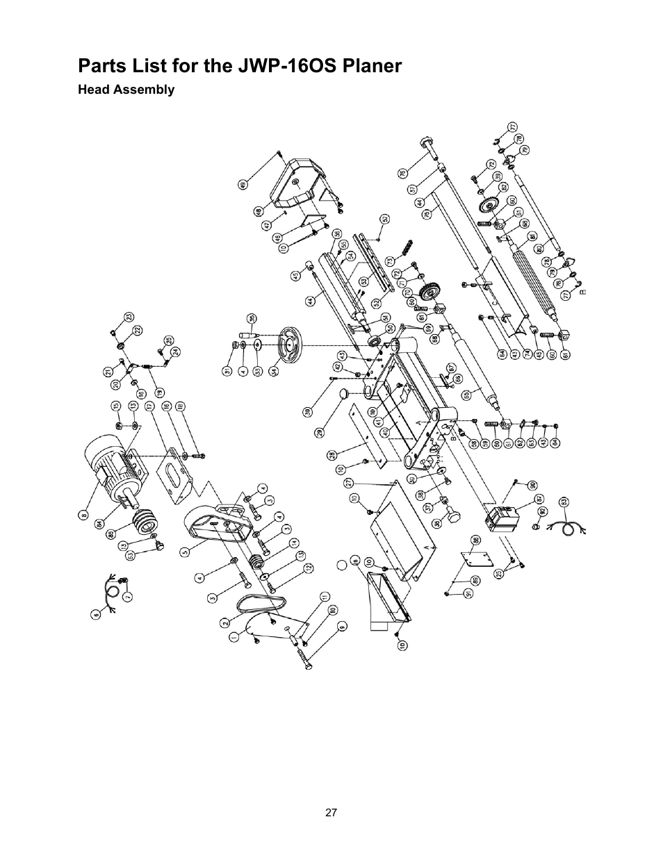 Parts list, Head assembly, Parts list for the jwp-16os planer | Jet Tools JWP-16OS User Manual | Page 27 / 36