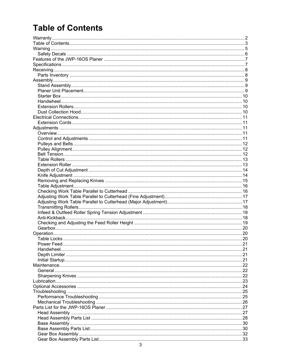 Jet Tools JWP-16OS User Manual | Page 3 / 36
