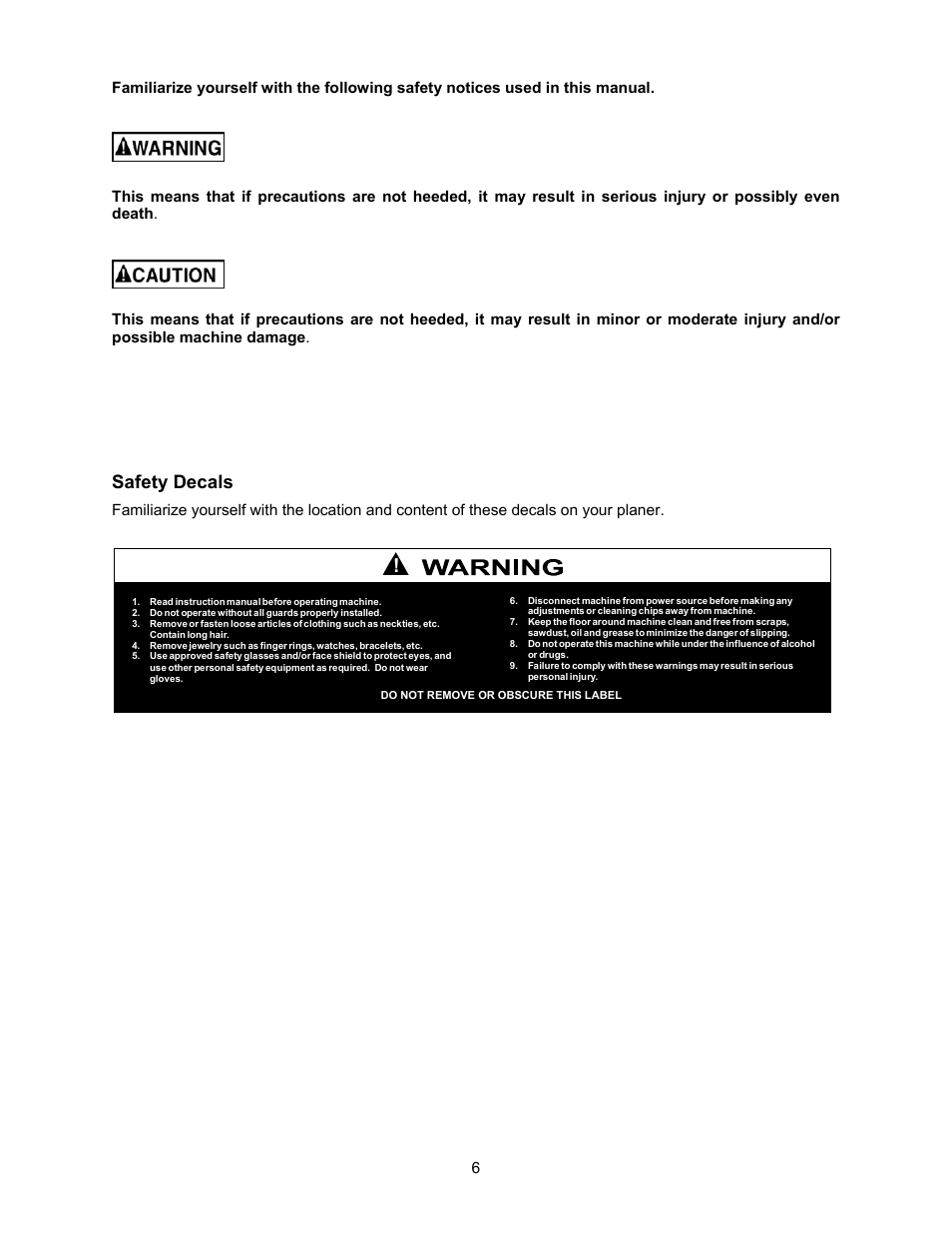 Safety decals | Jet Tools JWP-16OS User Manual | Page 6 / 36