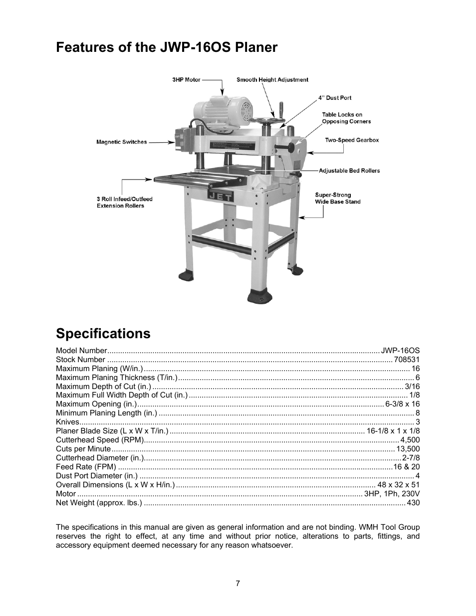Features, Specifications, Features of the jwp-16os planer | Jet Tools JWP-16OS User Manual | Page 7 / 36