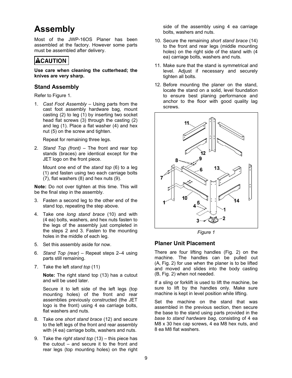 Assembly, Stand assembly, Planer unit placement | Jet Tools JWP-16OS User Manual | Page 9 / 36