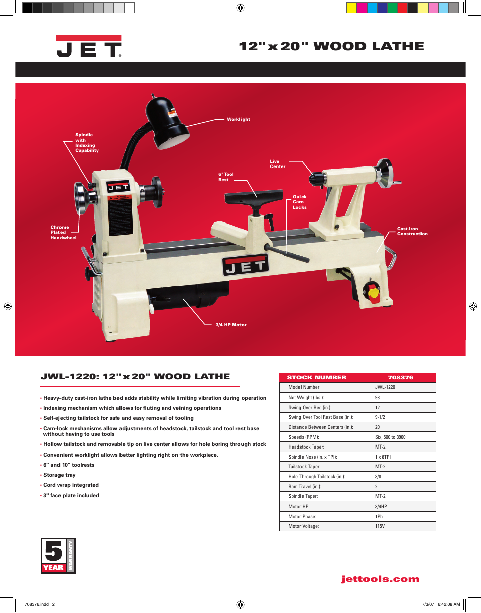 12"x 20" wood lathe | Jet Tools JML-1220 User Manual | Page 2 / 2