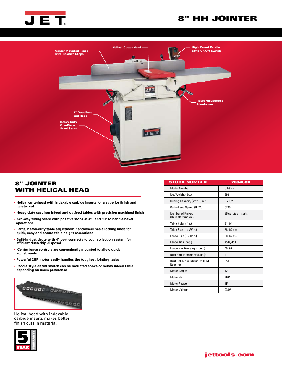 8" hh jointer, 8" jointer with helical head | Jet Tools JJ-8HH User Manual | Page 2 / 2