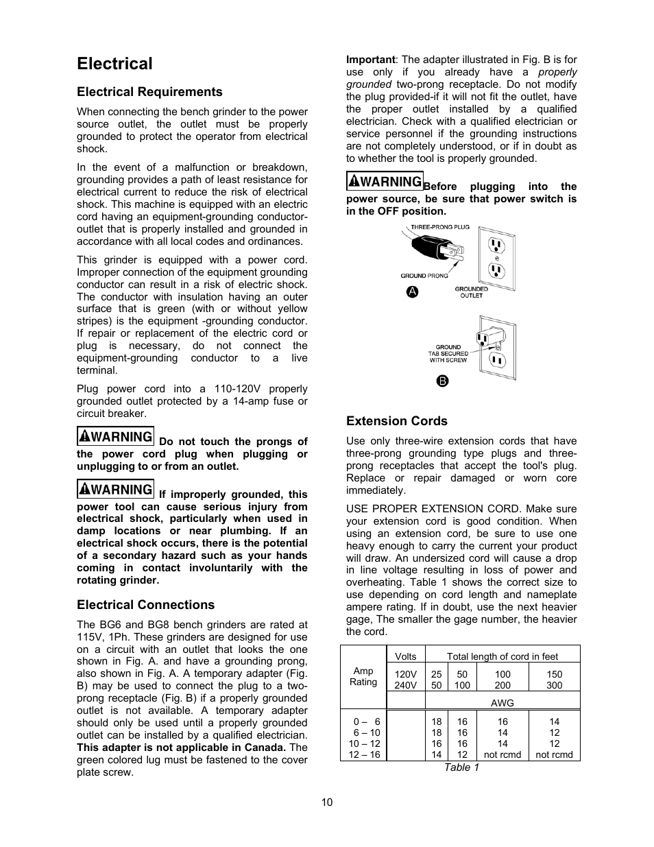 Electrical, Electrical requirements, Electrical connections | Extension cords | Jet Tools JBG-6A User Manual | Page 10 / 20