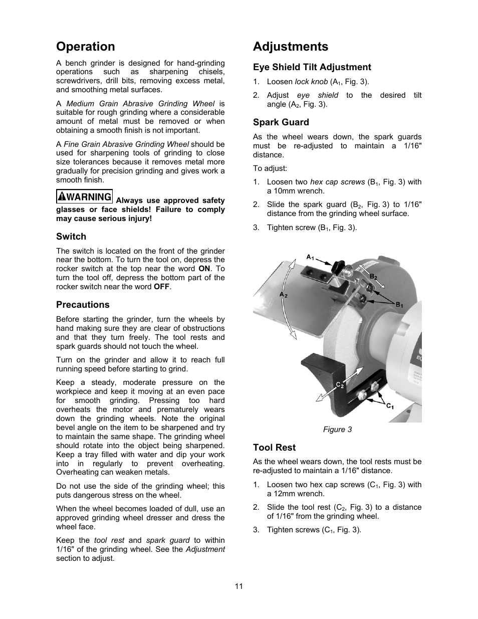 Operation, Switch, Precautions | Adjustments, Eye shield tilt adjustment, Spark guard, Tool rest | Jet Tools JBG-6A User Manual | Page 11 / 20
