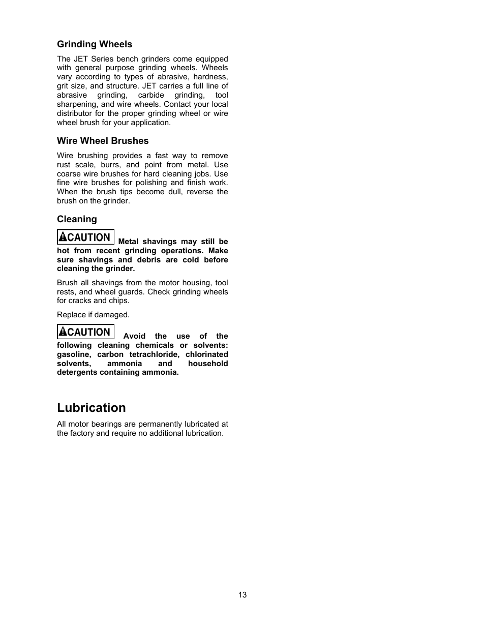 Grinding wheels, Wire wheel brushes, Cleaning | Lubrication | Jet Tools JBG-6A User Manual | Page 13 / 20