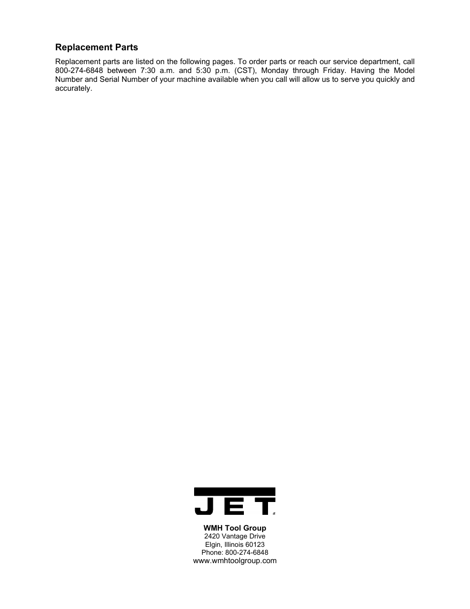 Ordering replacement parts | Jet Tools JBG-6A User Manual | Page 20 / 20