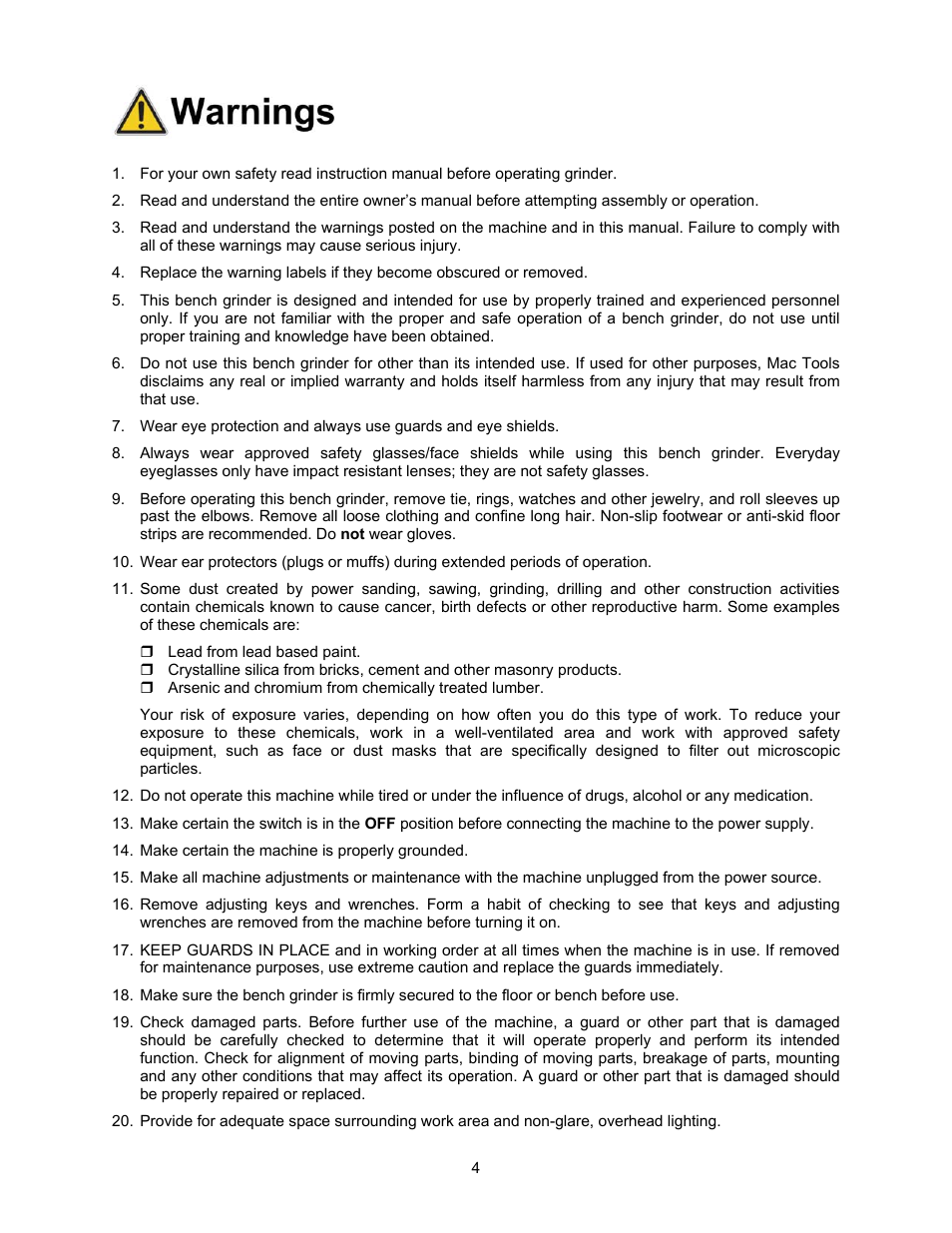 Warnings | Jet Tools JBG-6A User Manual | Page 4 / 20
