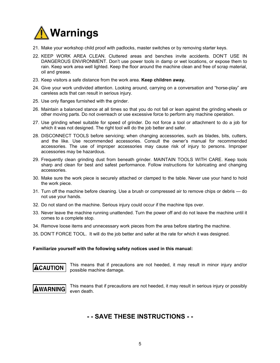 Save these instructions | Jet Tools JBG-6A User Manual | Page 5 / 20