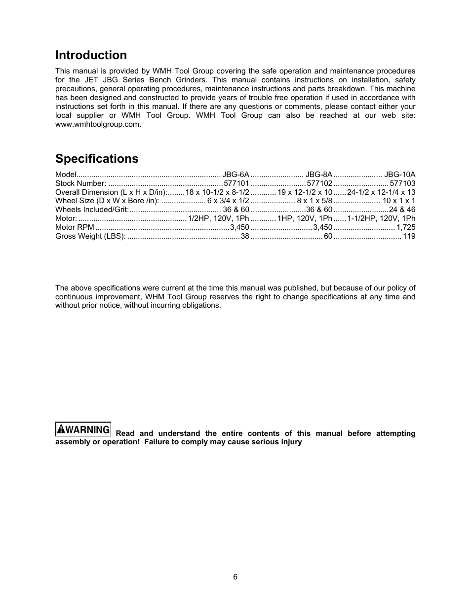 Introduction, Specifications | Jet Tools JBG-6A User Manual | Page 6 / 20
