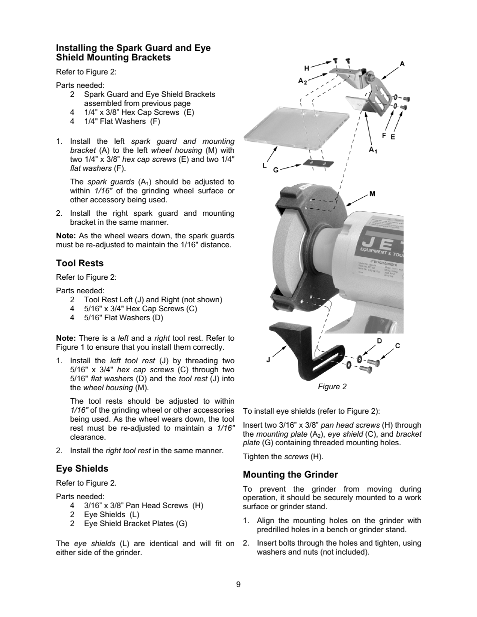 Eye shields, Mounting the grinder | Jet Tools JBG-6A User Manual | Page 9 / 20