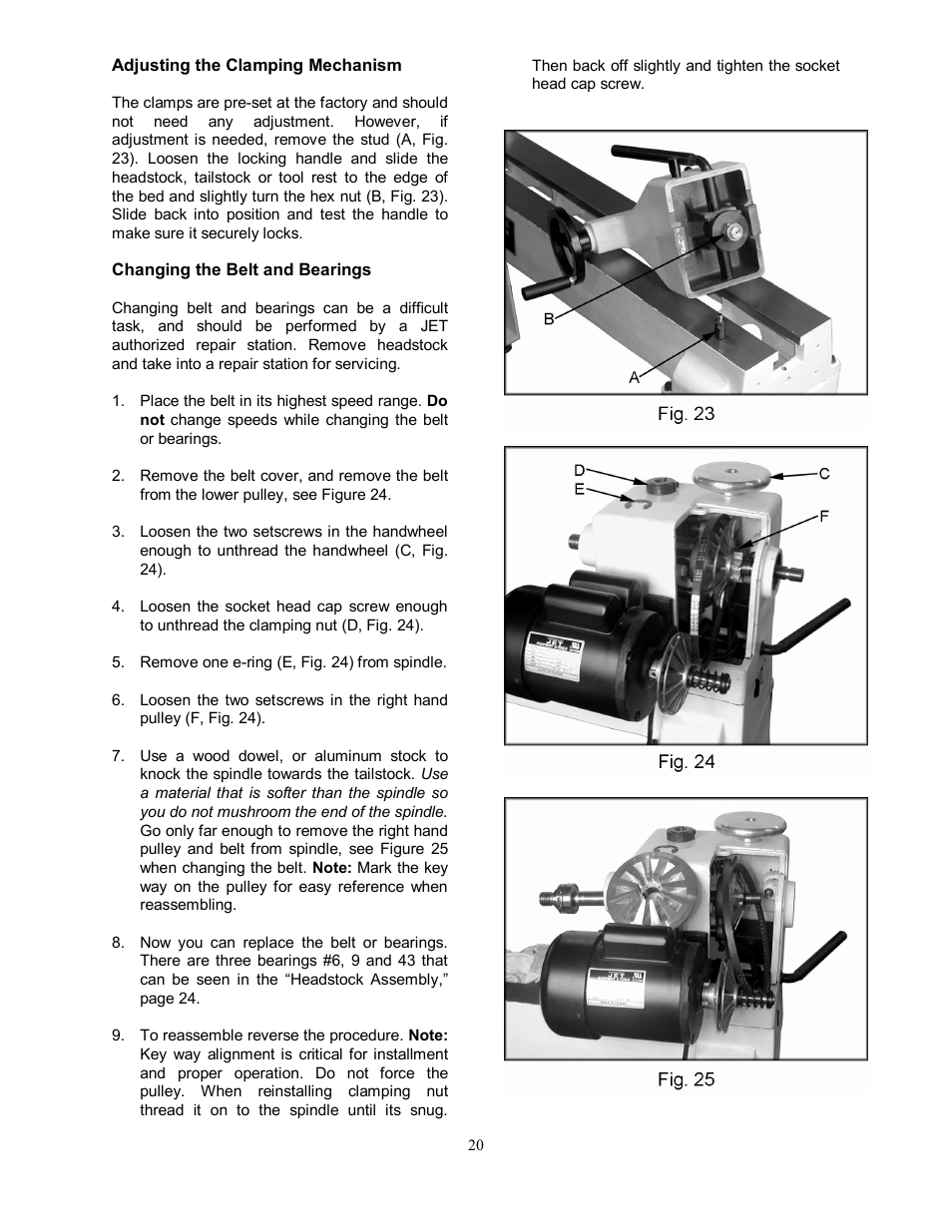 Adjusting the clamping mechanism, Changing the belt and bearings | Jet Tools JWL-1442VS User Manual | Page 20 / 32