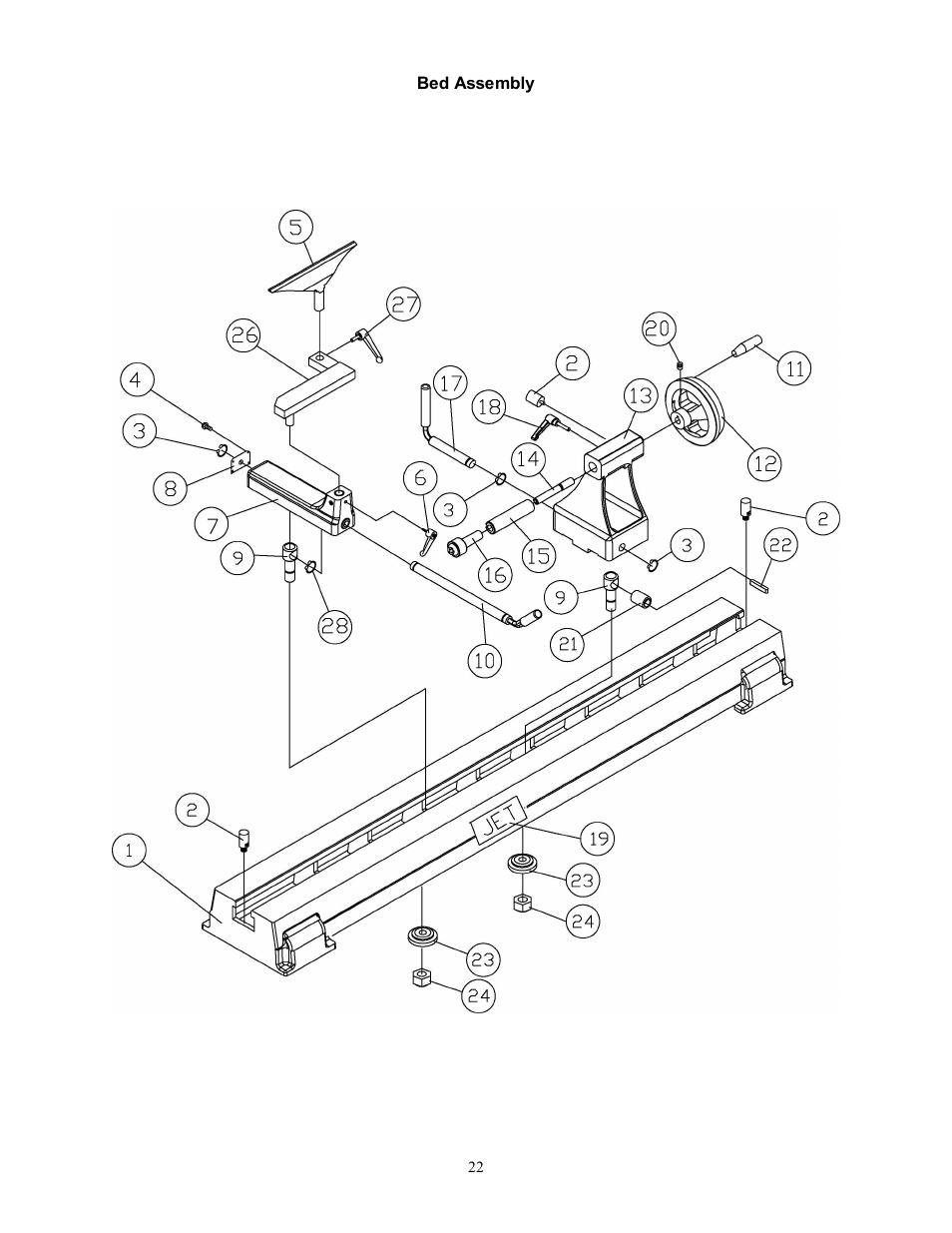 Parts breakdowns, Bed assembly | Jet Tools JWL-1442VS User Manual | Page 22 / 32