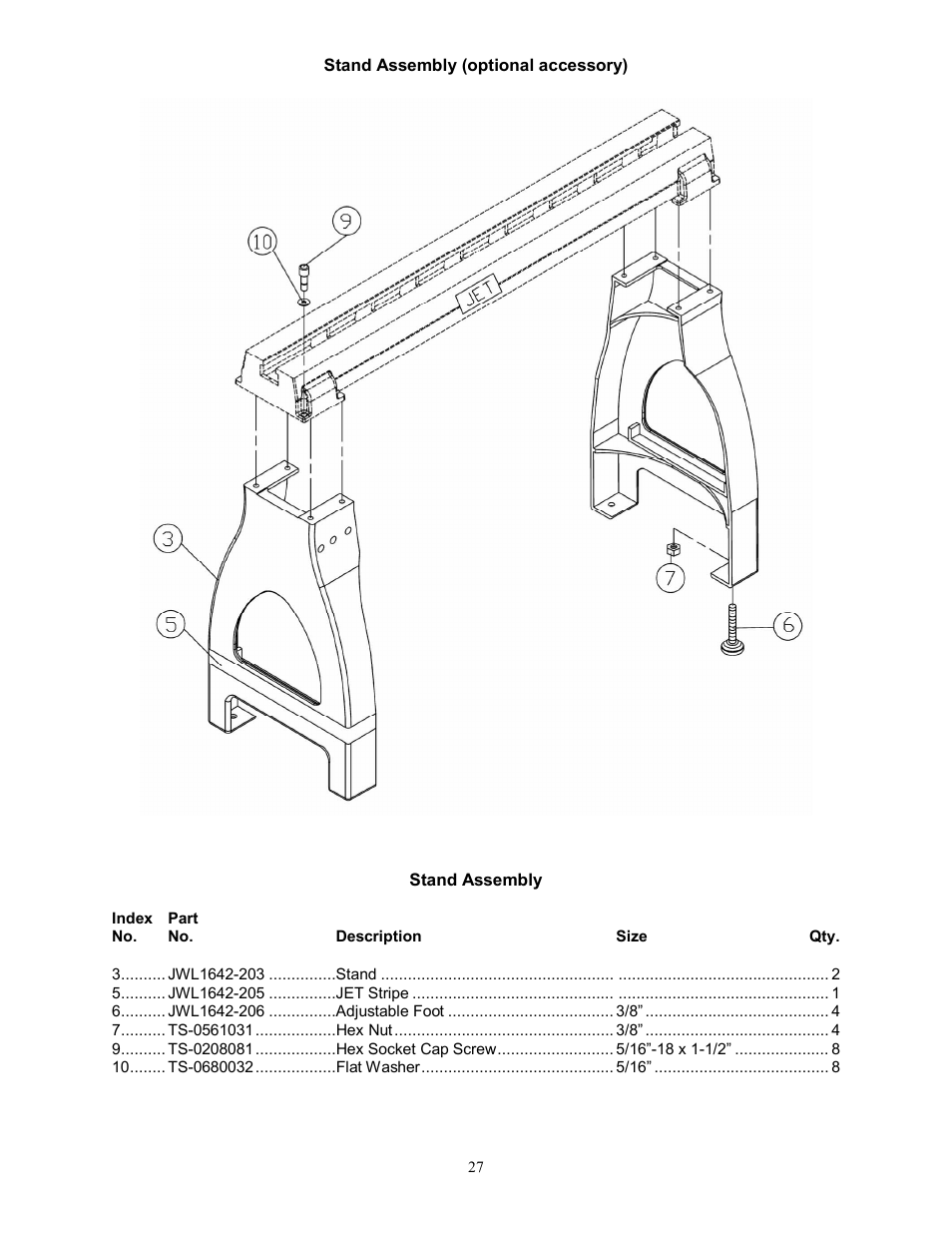 Stand assembly (optional accessory) | Jet Tools JWL-1442VS User Manual | Page 27 / 32