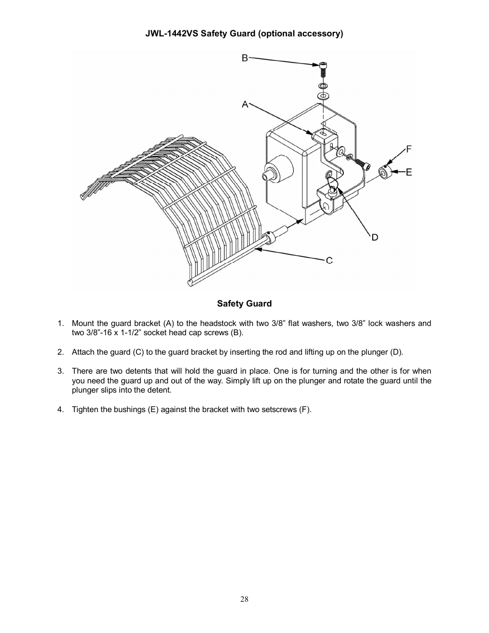 Jwl-1442vs safety guard (optional accessory) | Jet Tools JWL-1442VS User Manual | Page 28 / 32