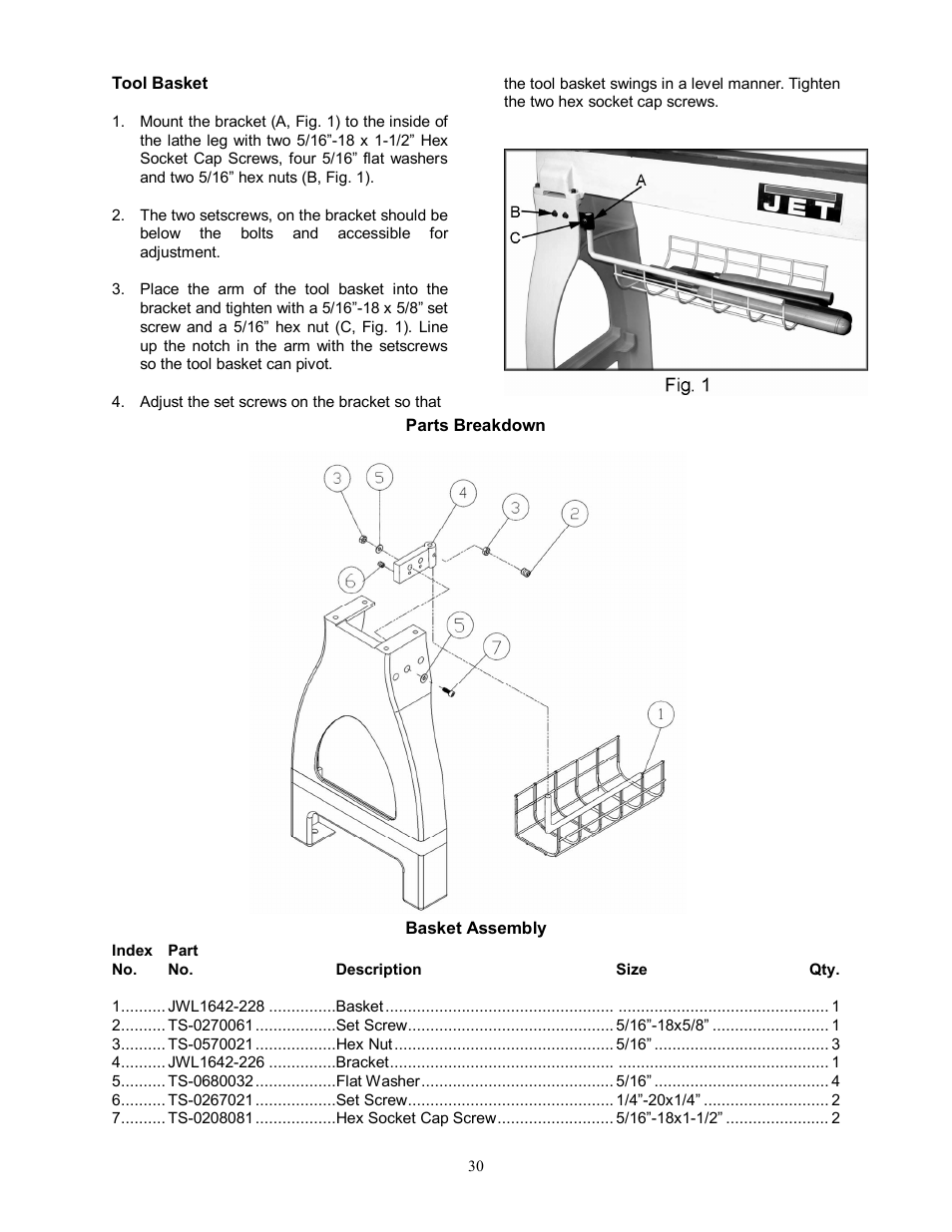 Tool basket | Jet Tools JWL-1442VS User Manual | Page 30 / 32