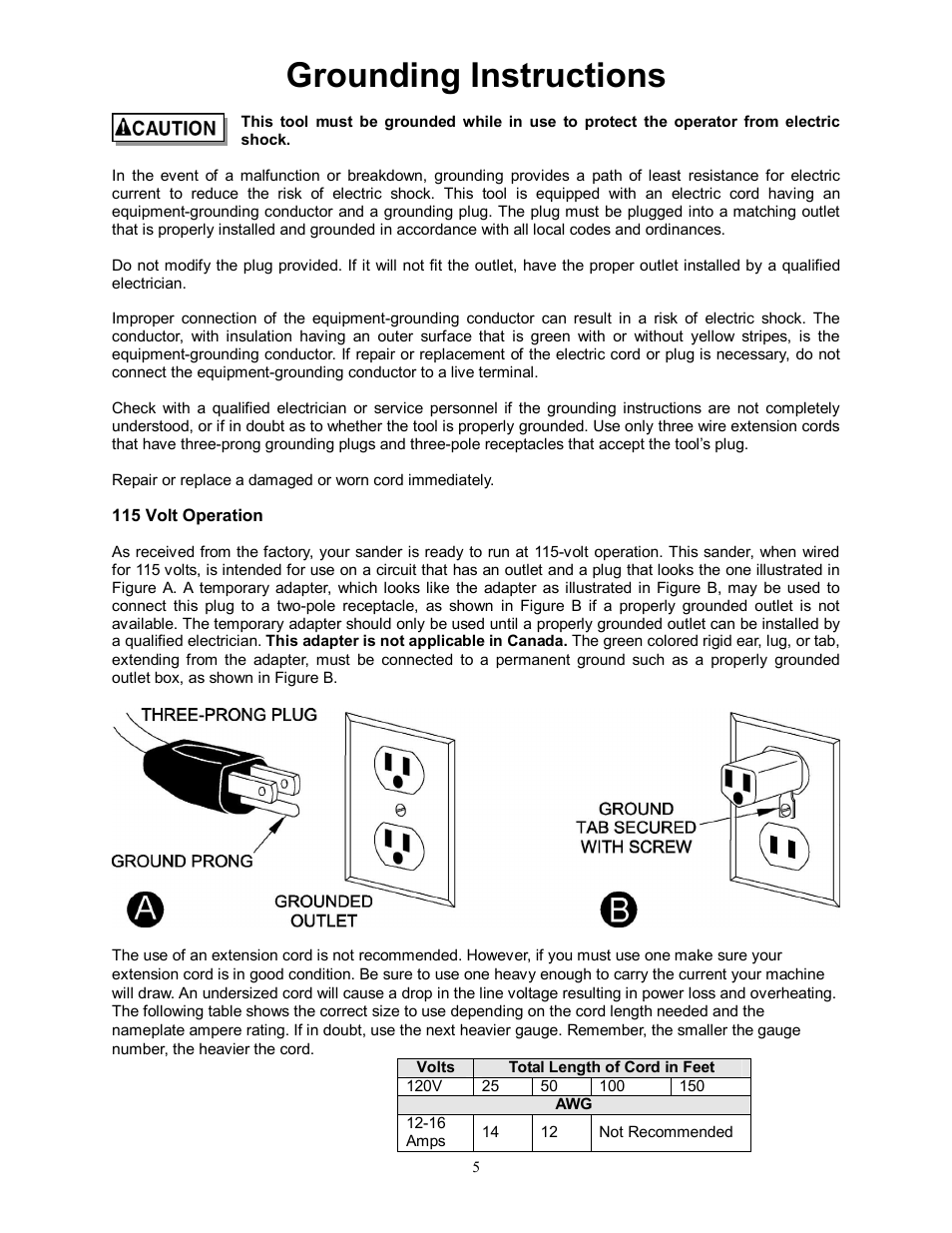 Grounding instructions | Jet Tools JWL-1442VS User Manual | Page 5 / 32