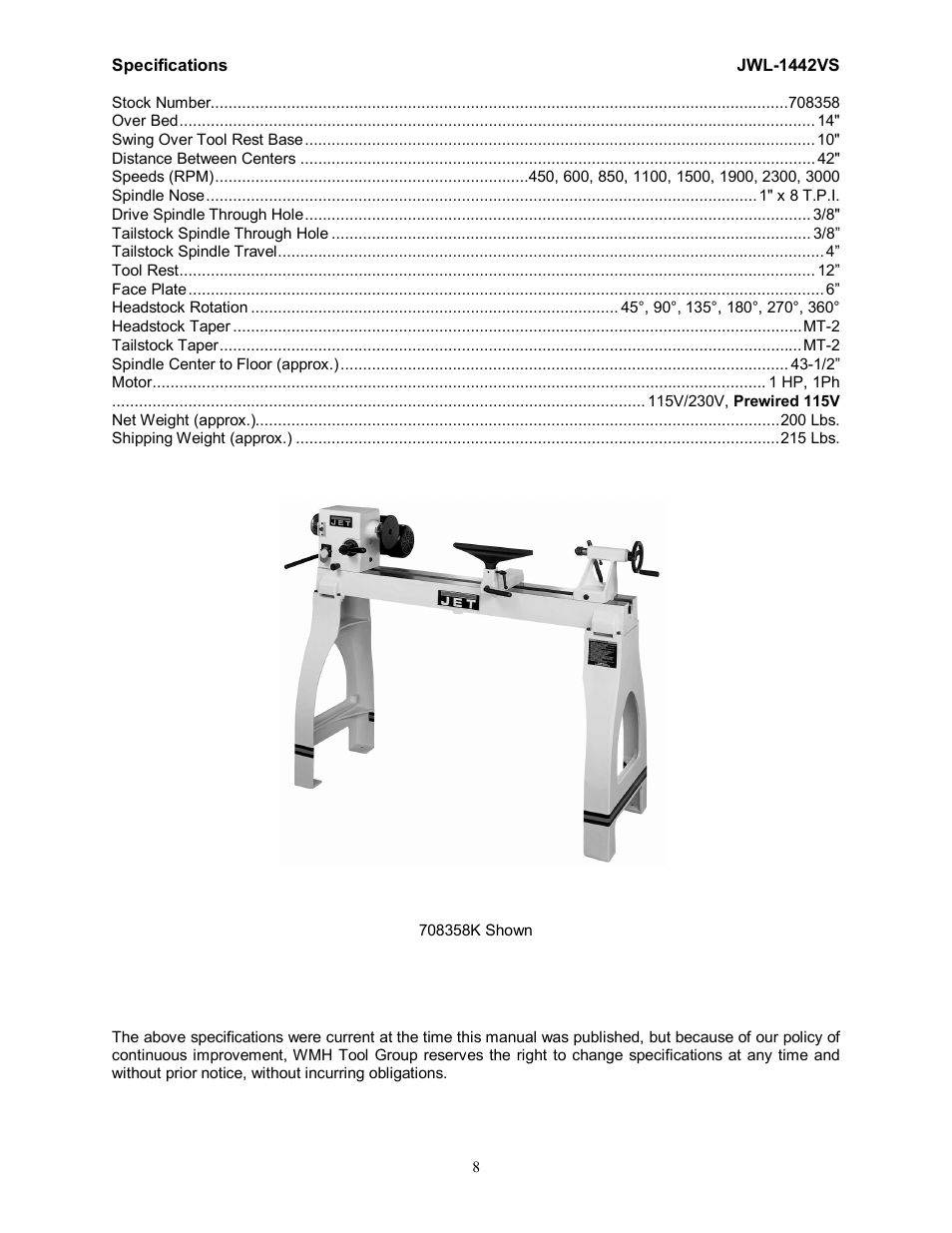 Specifications | Jet Tools JWL-1442VS User Manual | Page 8 / 32