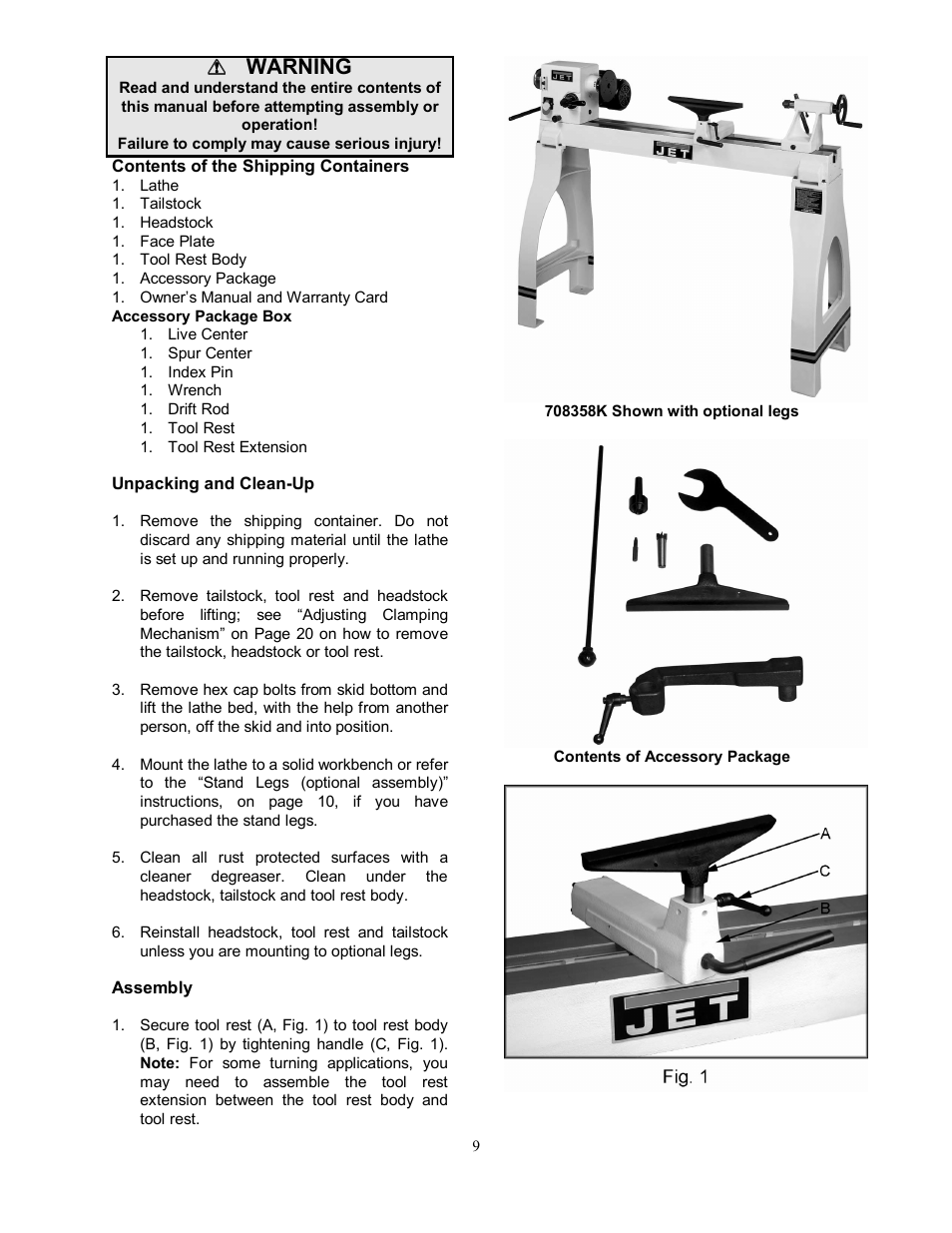 Contents of the shipping containers, Unpacking and clean-up, Assembly | Warning | Jet Tools JWL-1442VS User Manual | Page 9 / 32