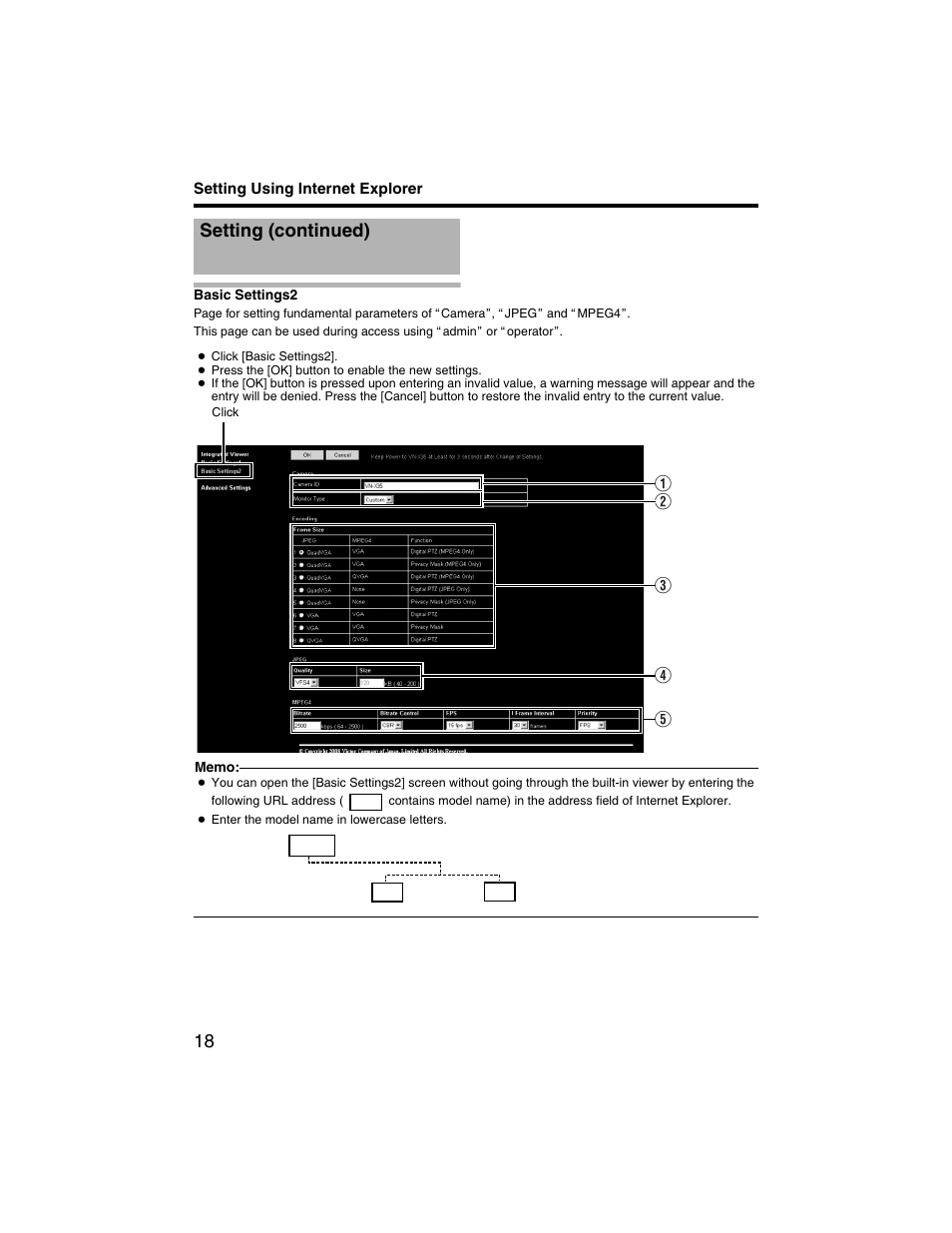 Basic settings2, Setting (continued) | JVC VN-V225U series User Manual | Page 18 / 85