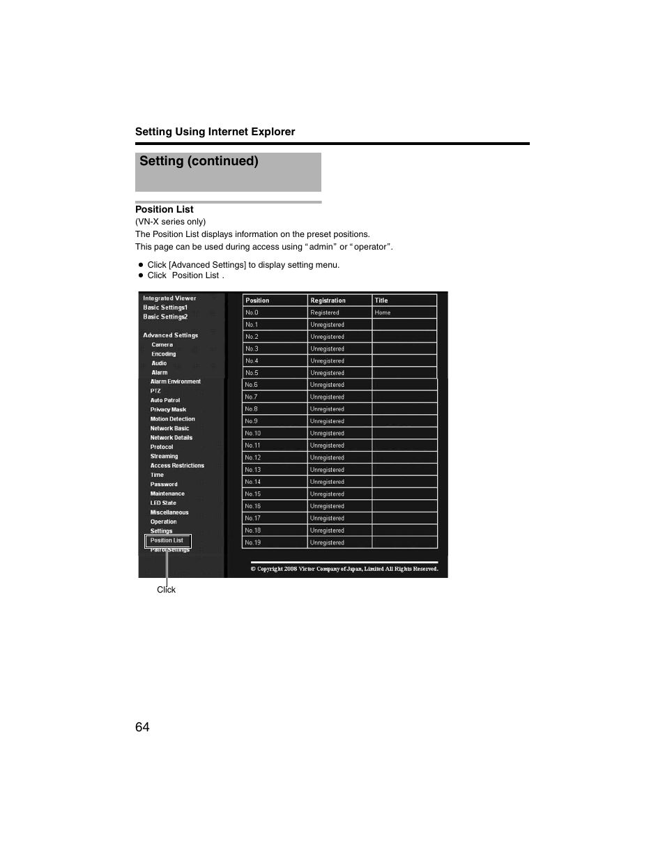 Position list, Setting (continued) | JVC VN-V225U series User Manual | Page 64 / 85