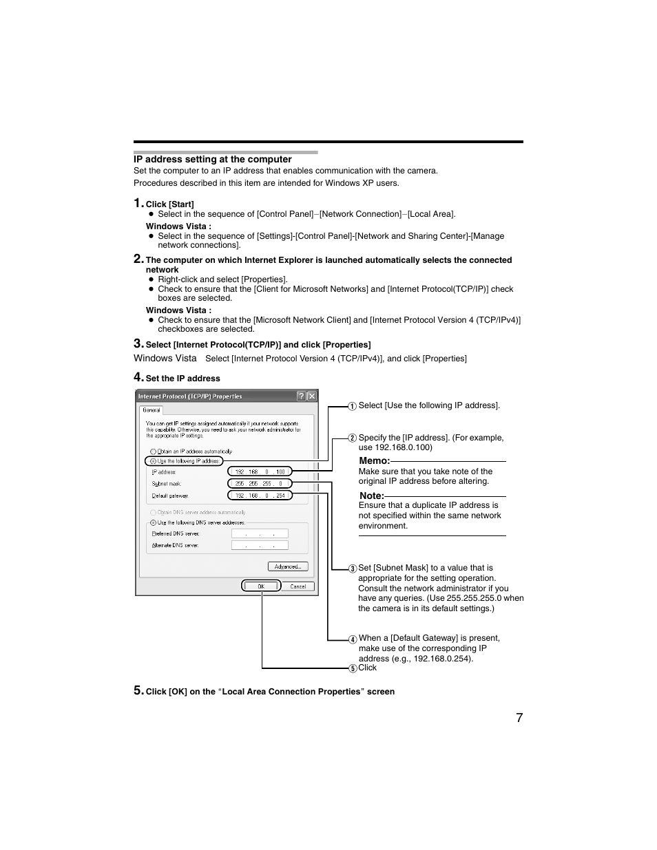 Ip address setting at the computer, Step1 ip address setting at the, Computer | JVC VN-V225U series User Manual | Page 7 / 85