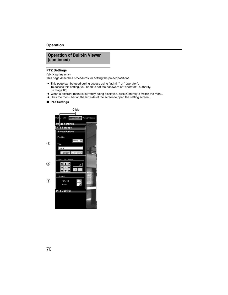 Ptz settings, Operation of built-in viewer (continued) | JVC VN-V225U series User Manual | Page 70 / 85