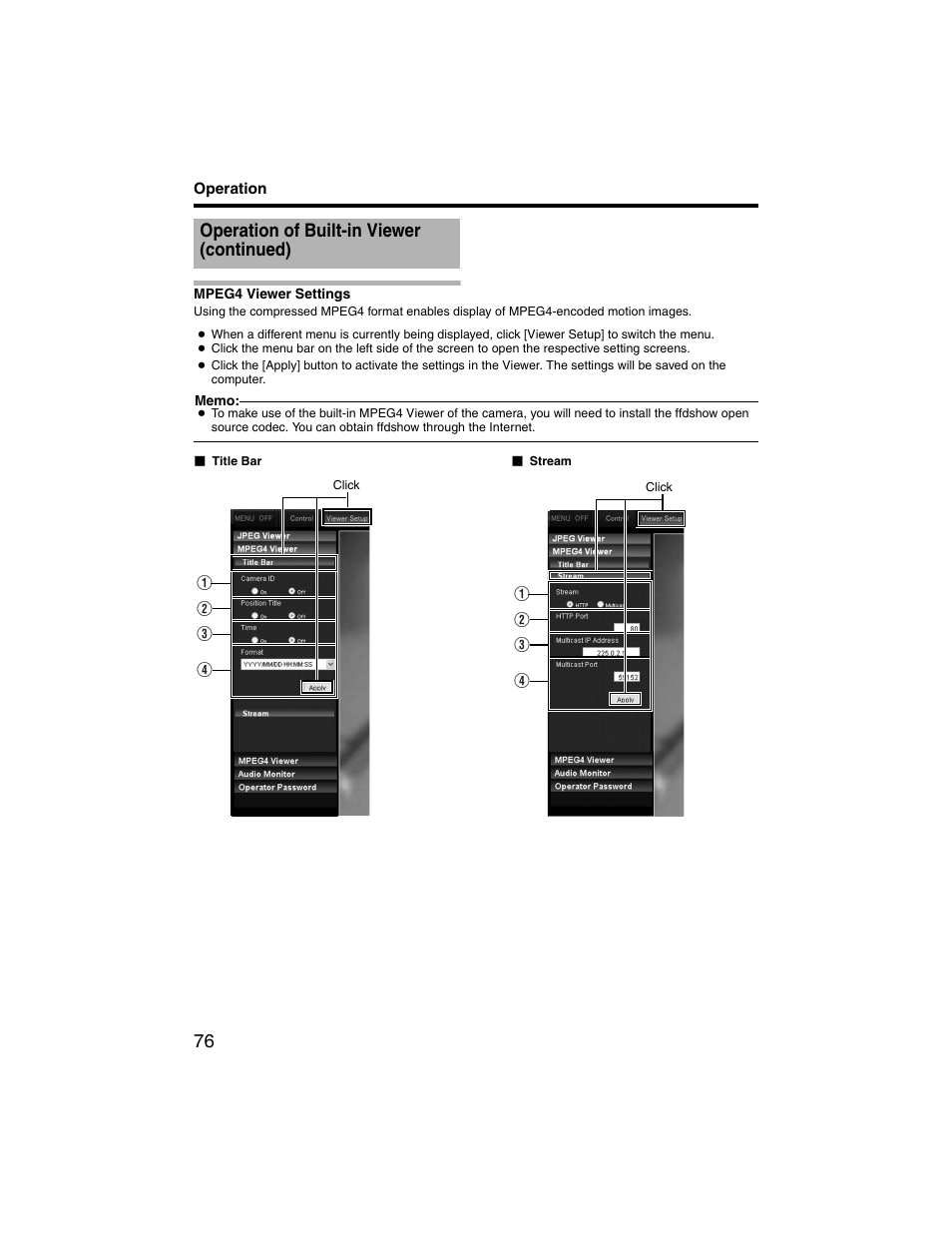 Mpeg4 viewer settings, Operation of built-in viewer (continued) | JVC VN-V225U series User Manual | Page 76 / 85