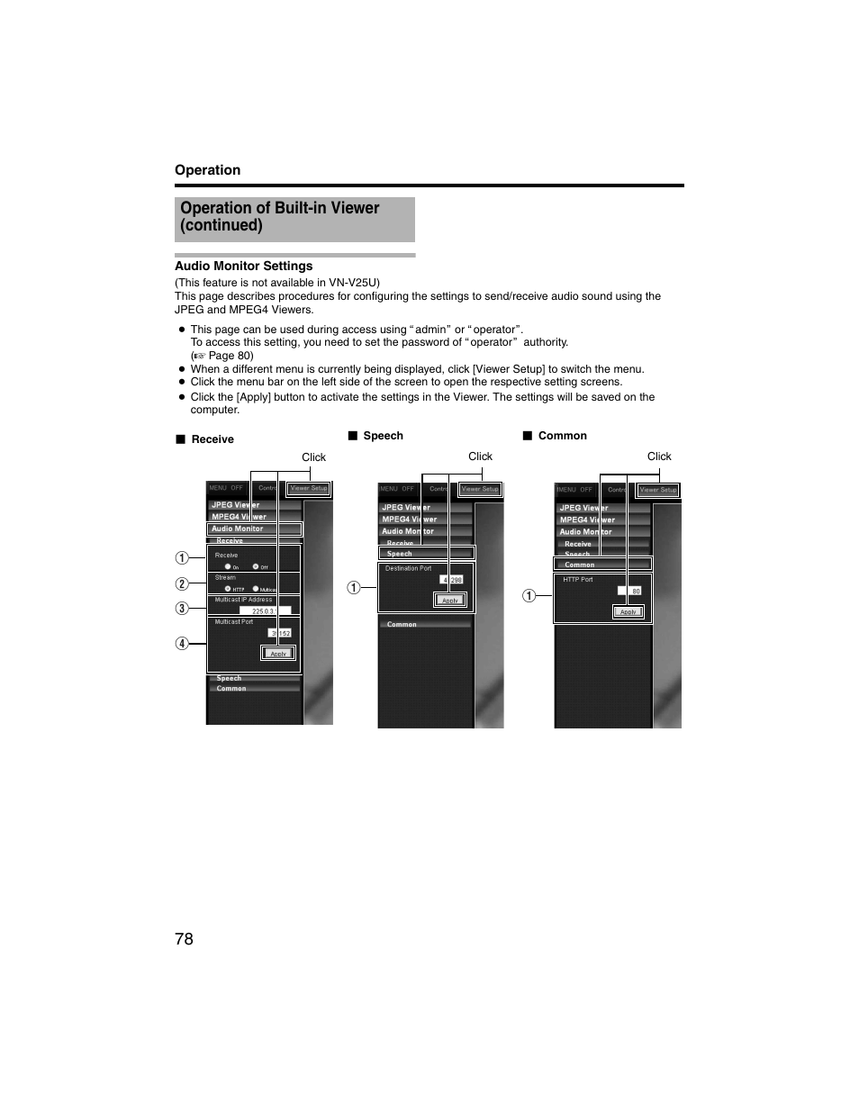 Audio monitor settings, Operation of built-in viewer (continued) | JVC VN-V225U series User Manual | Page 78 / 85