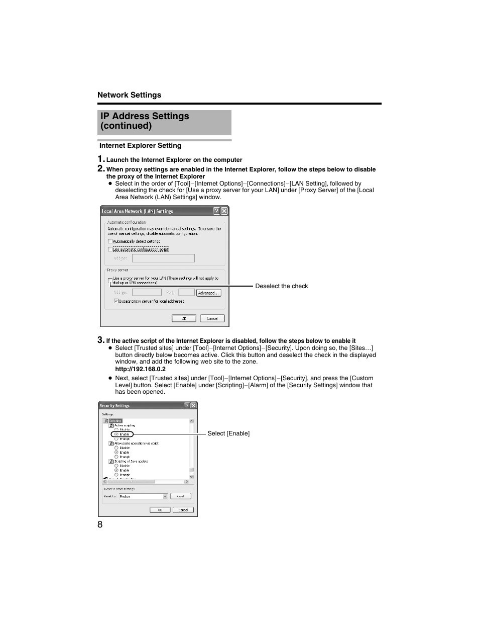 Internet explorer setting, Step2 internet explorer setting, Ip address settings (continued) | JVC VN-V225U series User Manual | Page 8 / 85