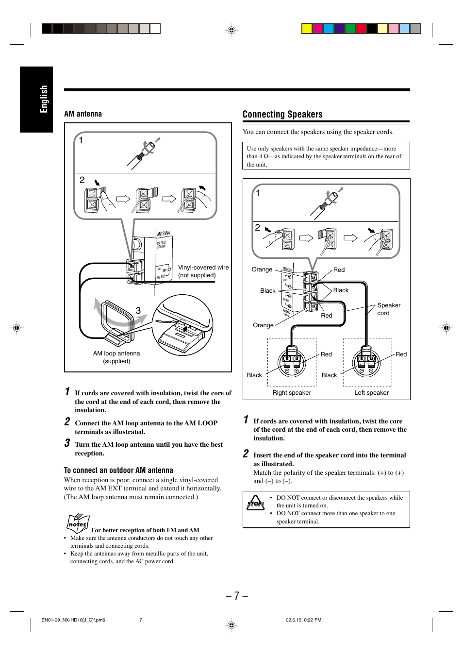 English 2 1, Connecting speakers | JVC NX-HD10 User Manual | Page 10 / 84