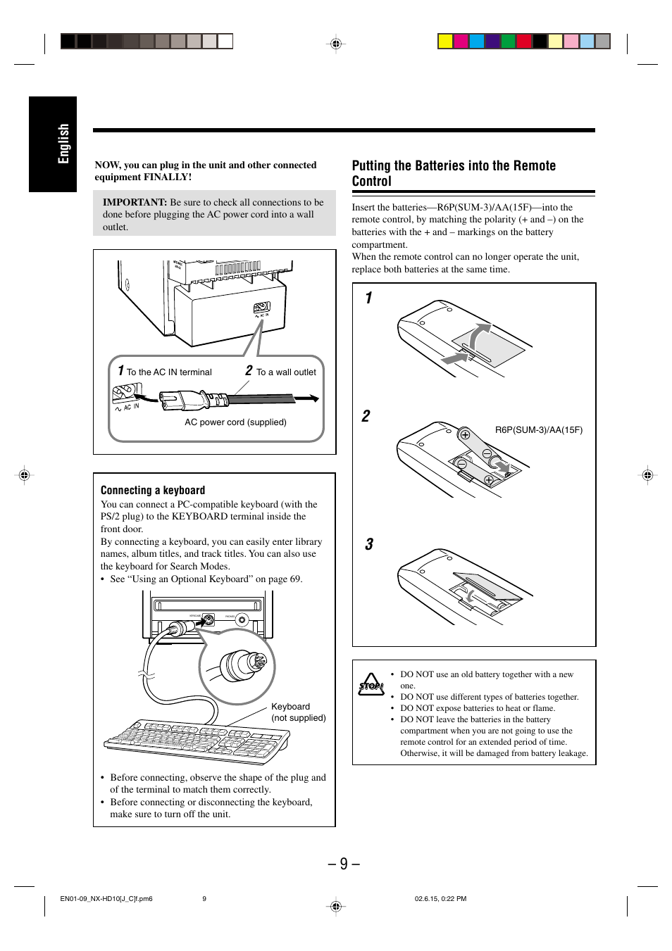 English, Putting the batteries into the remote control | JVC NX-HD10 User Manual | Page 12 / 84