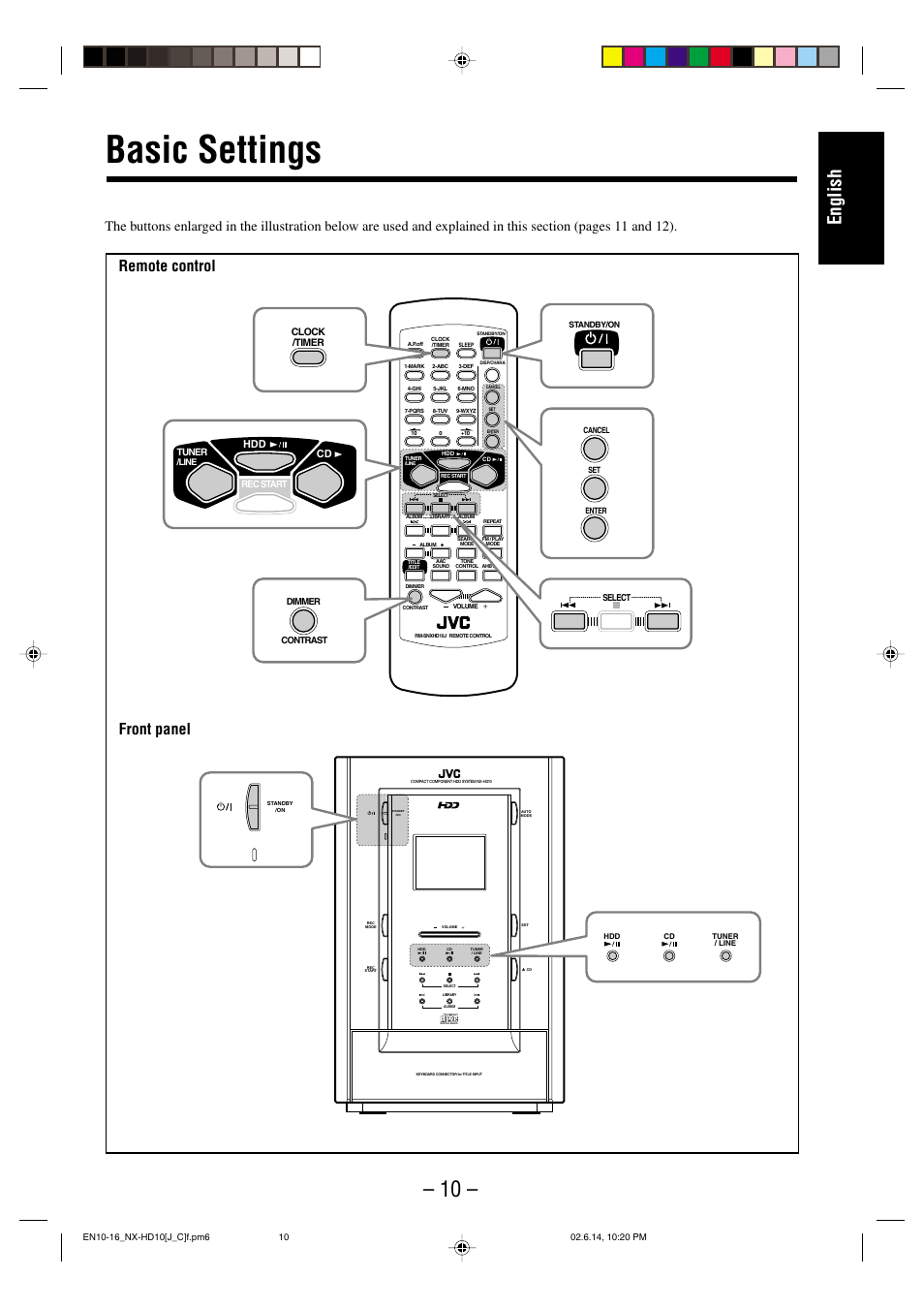 Basic settings, English, Remote control front panel | Clock /timer hdd cd tuner, Rec start | JVC NX-HD10 User Manual | Page 13 / 84