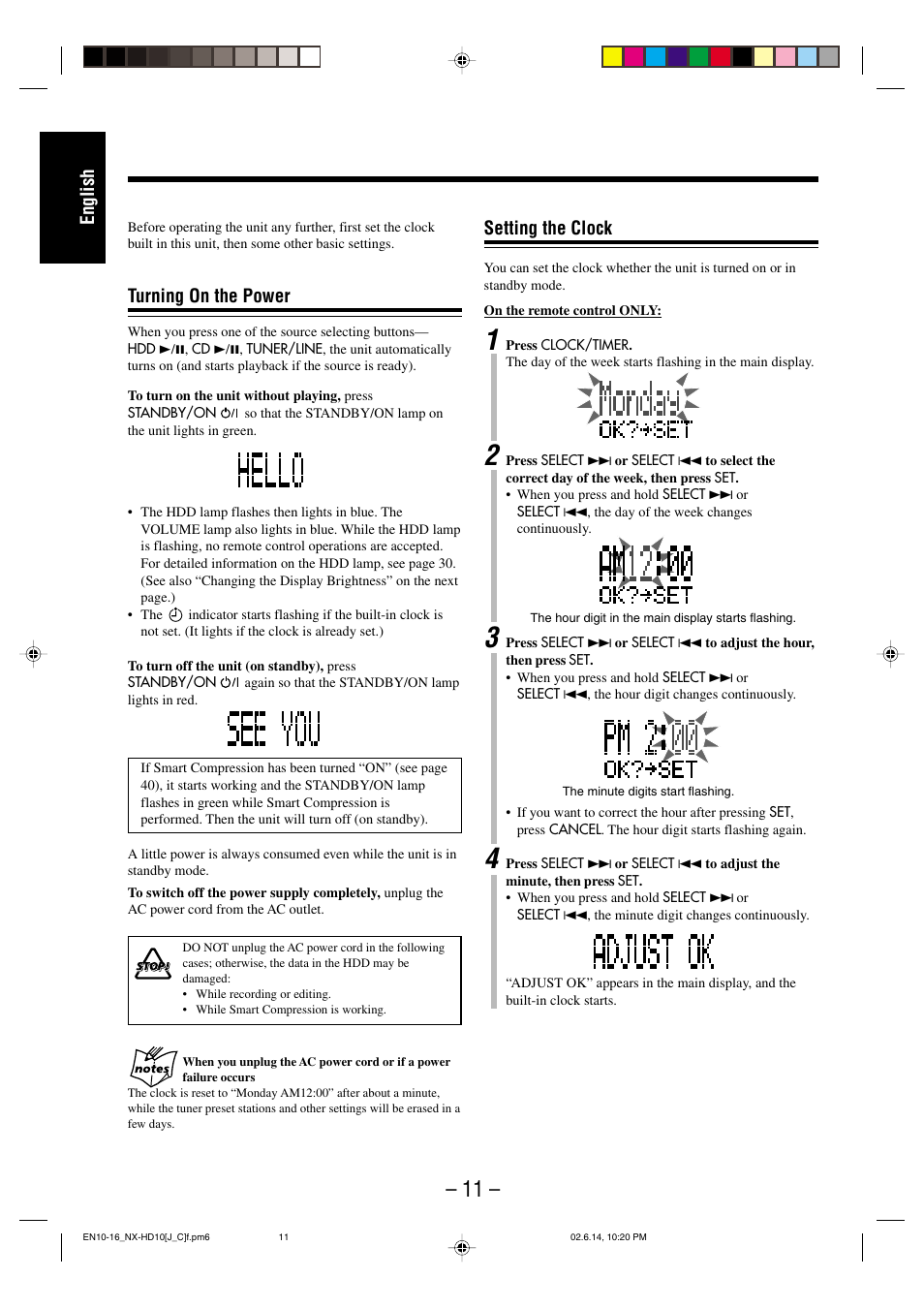 English setting the clock, Turning on the power | JVC NX-HD10 User Manual | Page 14 / 84