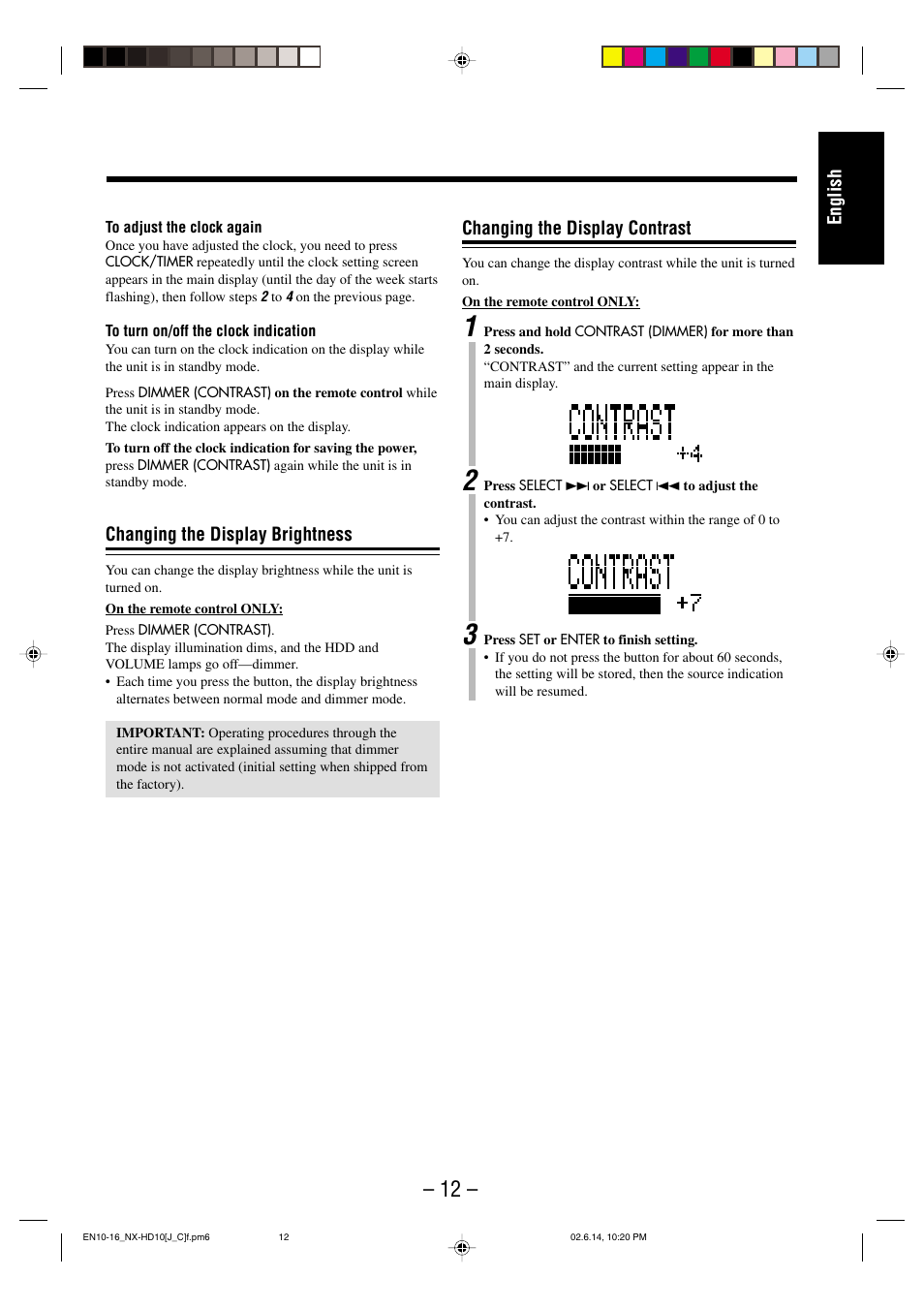 English changing the display contrast, Changing the display brightness | JVC NX-HD10 User Manual | Page 15 / 84
