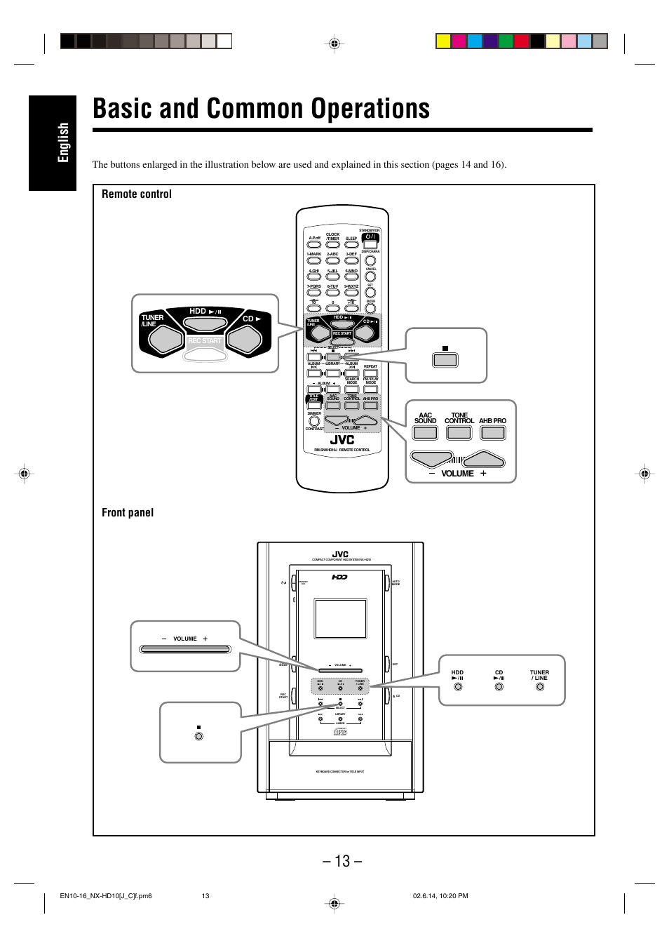 Basic and common operations, English, Remote control front panel | Volume, Hdd cd tuner, Rec start | JVC NX-HD10 User Manual | Page 16 / 84