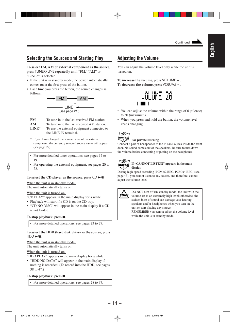 English adjusting the volume, Selecting the sources and starting play | JVC NX-HD10 User Manual | Page 17 / 84