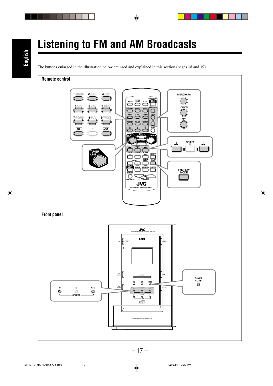 Listening to fm and am broadcasts, English, Remote control front panel | JVC NX-HD10 User Manual | Page 20 / 84