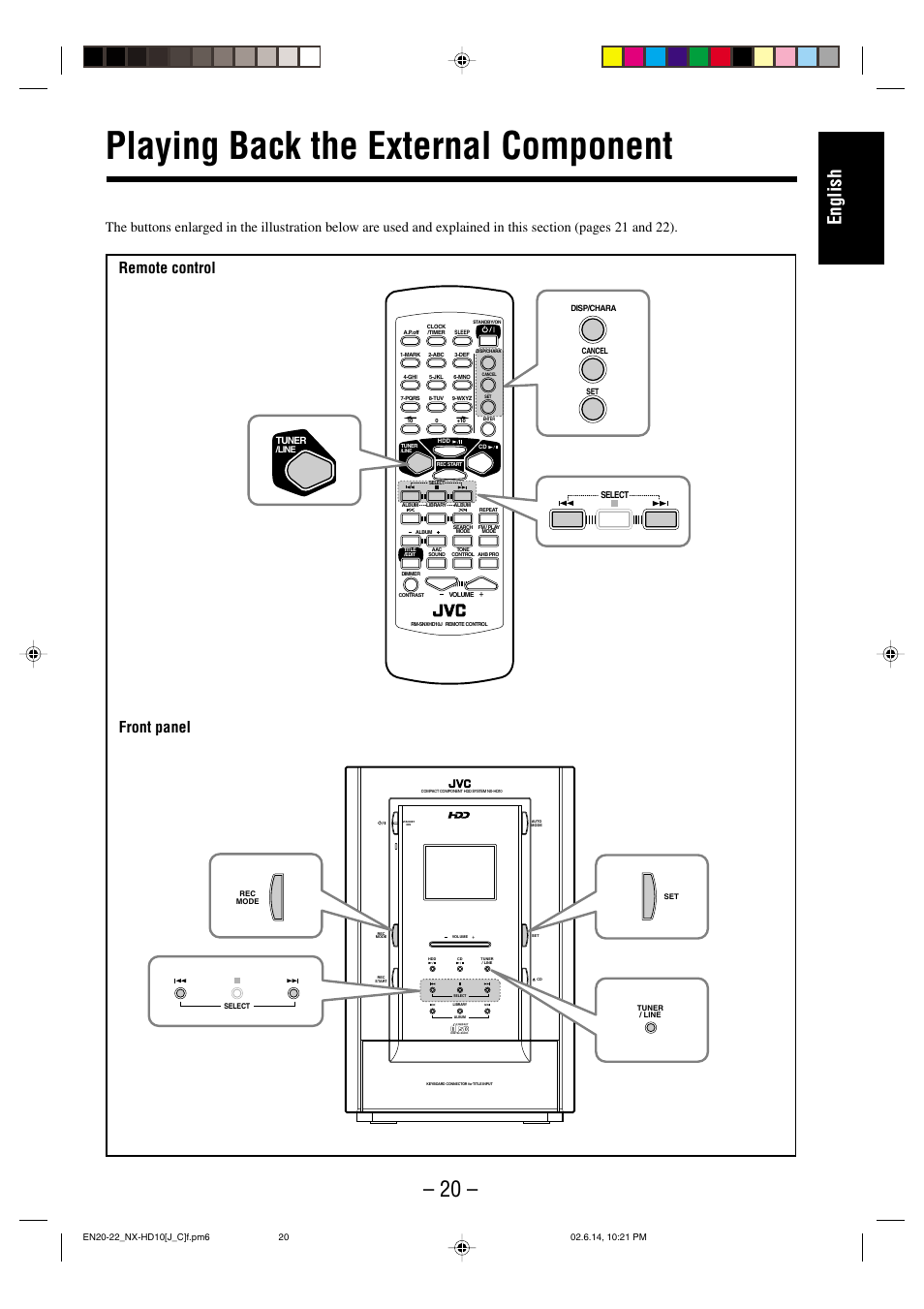 Playing back the external component, English, Remote control front panel | Tuner | JVC NX-HD10 User Manual | Page 23 / 84