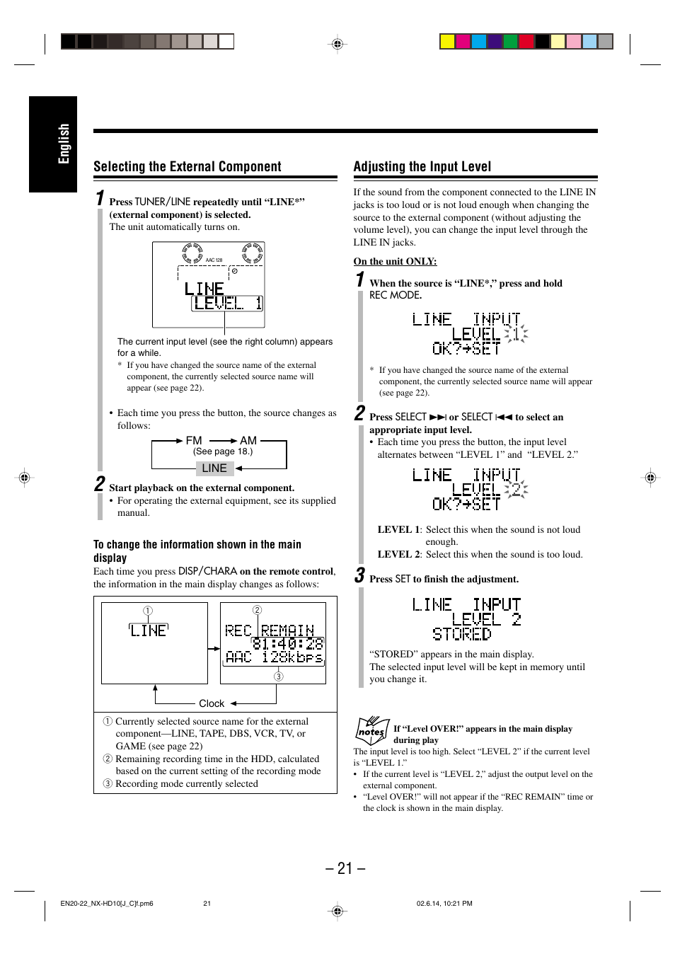English adjusting the input level, Selecting the external component | JVC NX-HD10 User Manual | Page 24 / 84